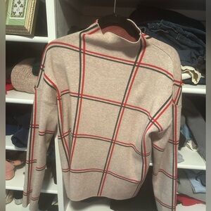 Tahari Beige Plaid Turtleneck Sweater with Red and Black Accents